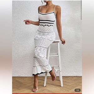 240. Vibrant Contrast Trim Knit Strap Dress - Flattering Sleeveless Pointelle Kn